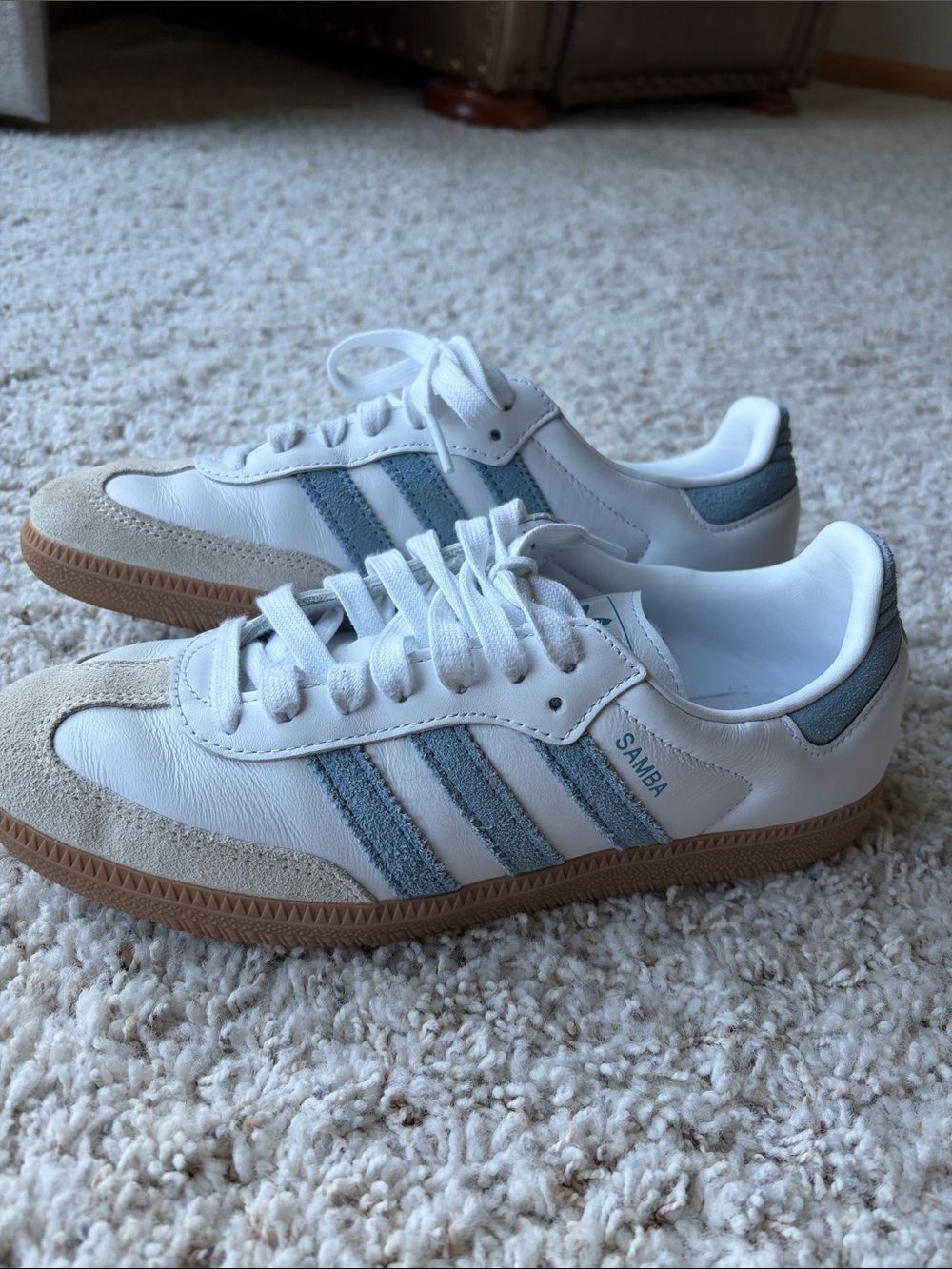 adidas Samba White with Light blue Suede and Gum Sole- worn once